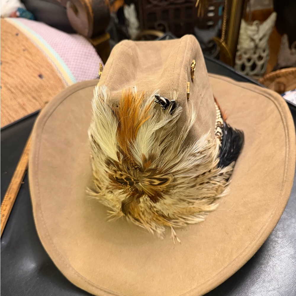 Vintage authentic suede Tan Feathered Cowboy Hat